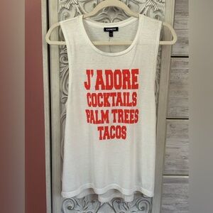 white racerback vacation tank Vegas “J'ADORE COCKTAILS PALM TREES TACOS" NWT S